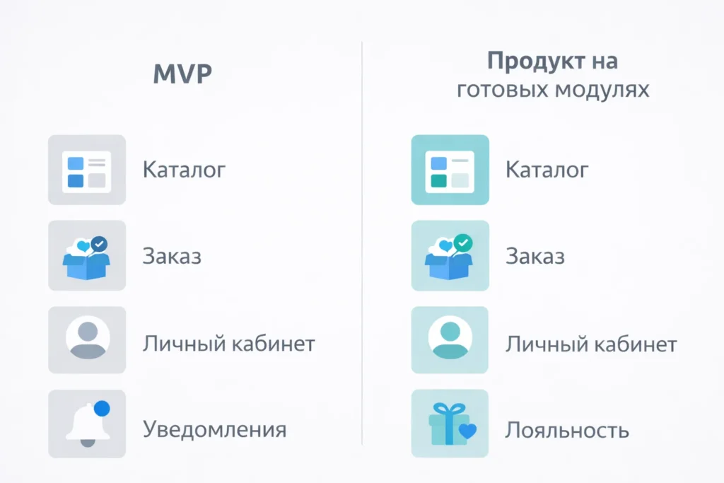 Сравнение MVP и приложения на готовых модулях: базовые функции и сценарии для запуска без разработки