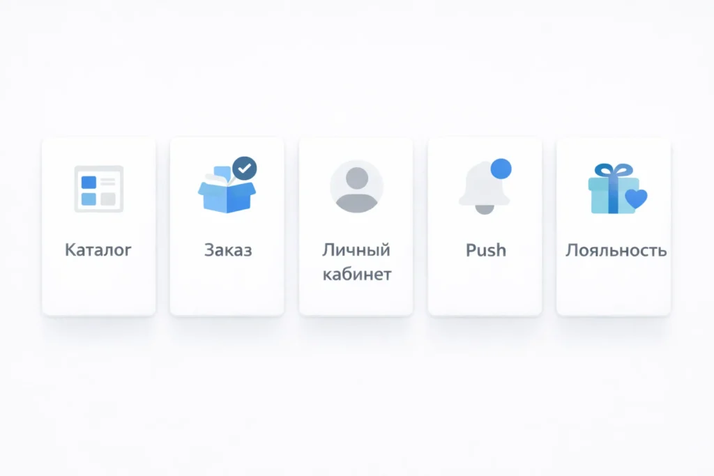 Минимальные модули приложения для бизнеса: каталог, заказ, личный кабинет, push-уведомления и лояльность