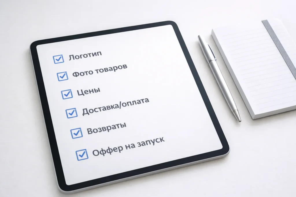 Чек-лист контента для запуска приложения без разработчиков: товары, цены, фото, условия доставки и оплаты