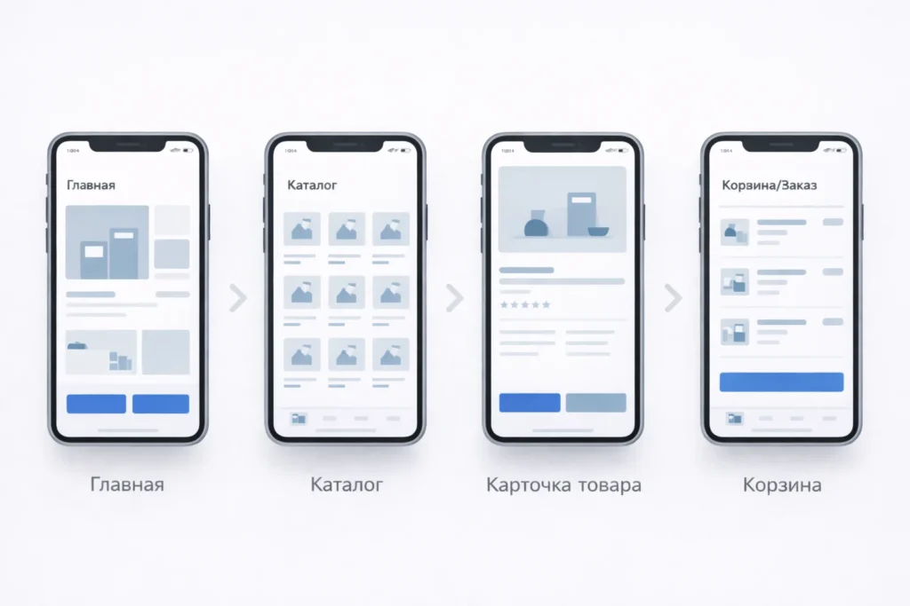 Пользовательский путь в приложении: главная, каталог, карточка товара и оформление заказа