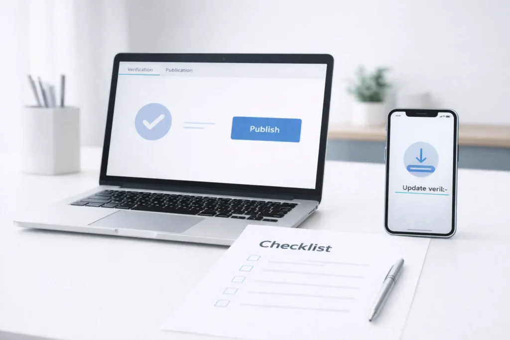 Чек-лист публикации и запуска приложения: подготовка материалов, проверка и выпуск обновлений