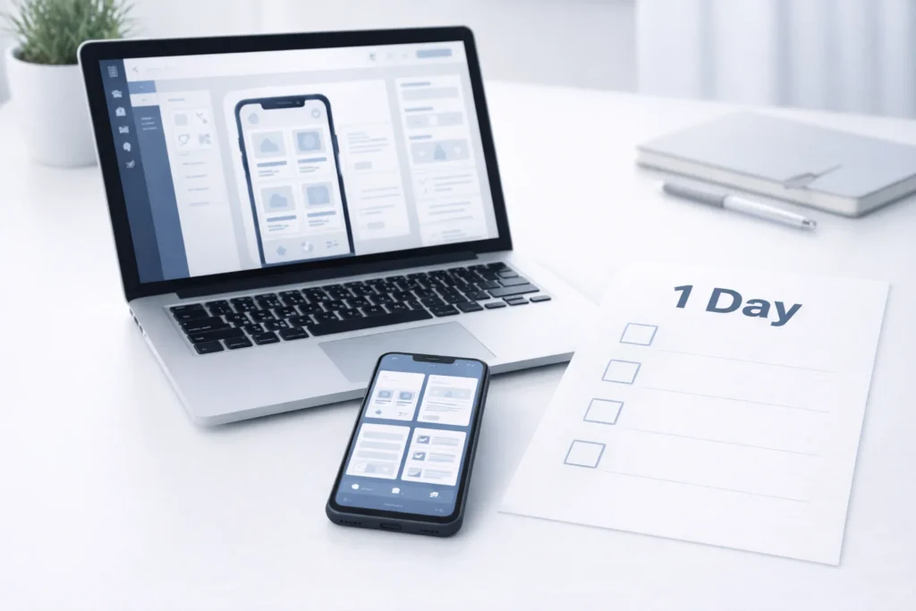 Приложение за 1 день без программистов: ноутбук с конструктором и смартфон с прототипом